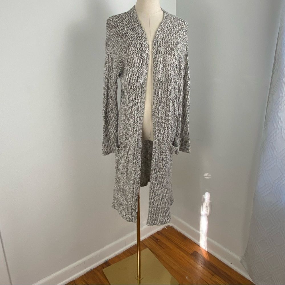 Carly Jean Womens Small Gray/Cream Open-Front Cardigan Lightweight Sweater